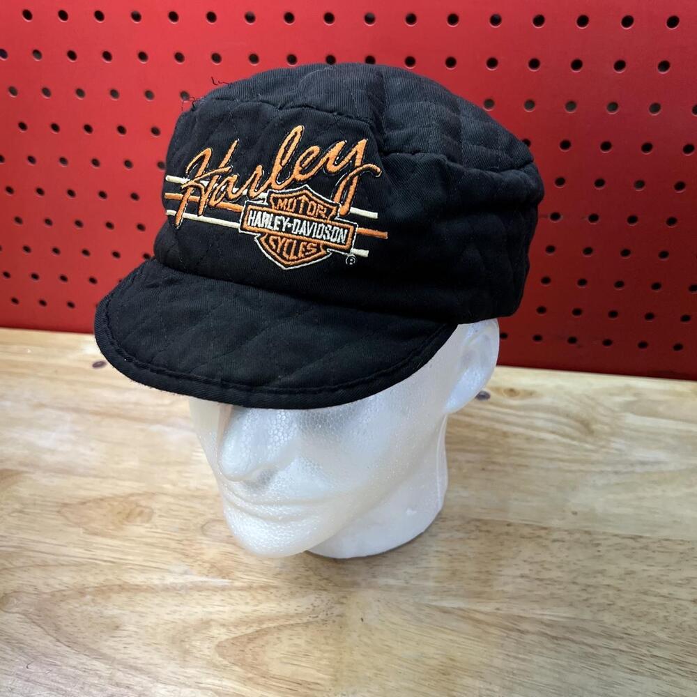 HARLEY-DAVIDSON QUILTED NEWSBOY CAP - S/M - MADE IN USA - BLACK / ORANGE